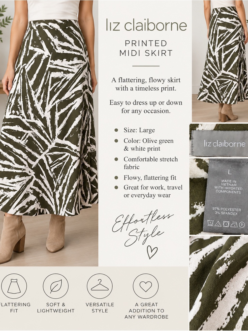 Liz Claiborne Olive and White Abstract Skirt - size L